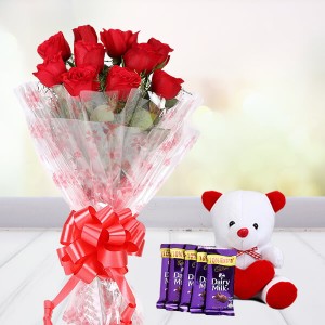 Roses N Teddy With Chocolate